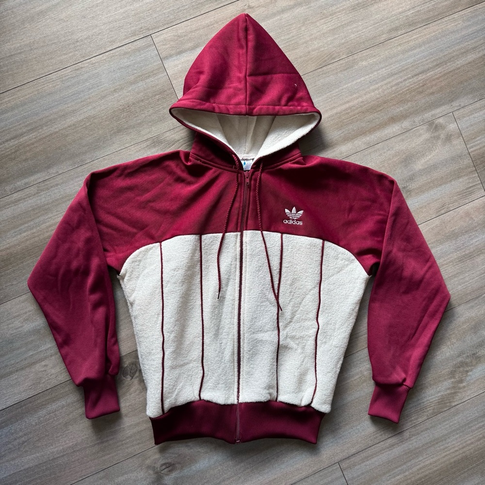 adidas Maroon and Cream Hooded Zip-Up Sweater